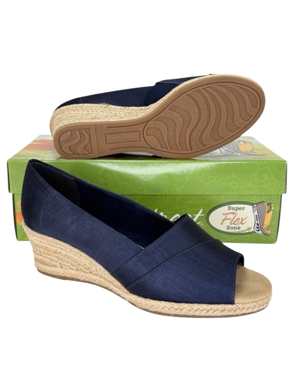 Easy Street Jasper Navy Thai Silk Open Toe Womens Wedges Size 7.5W